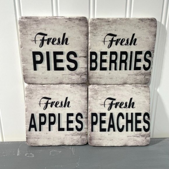 Fresh Fruit Square Stone Coasters Set of 4‎ New In Box Cork Bottom - Picture 1 of 6